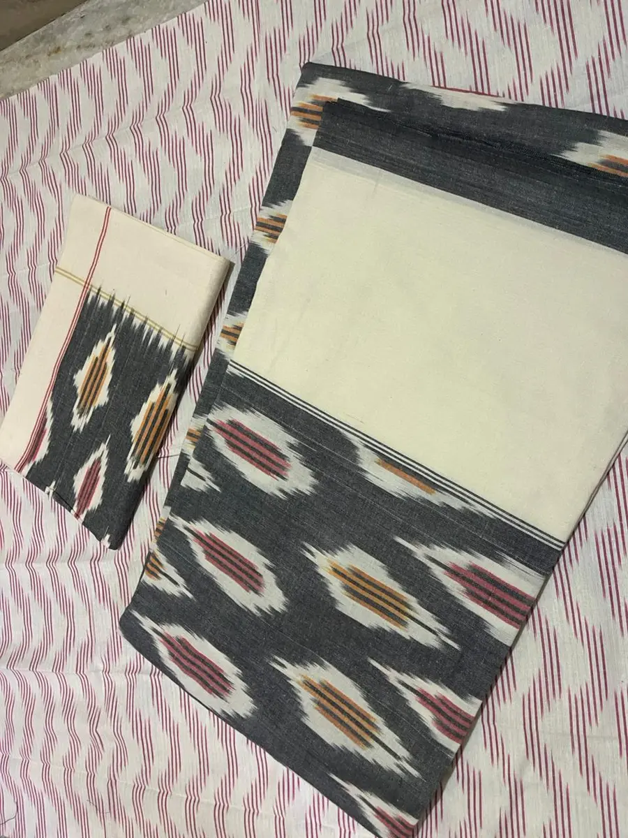 Product image: cream, black, and brown folded saree-like textile