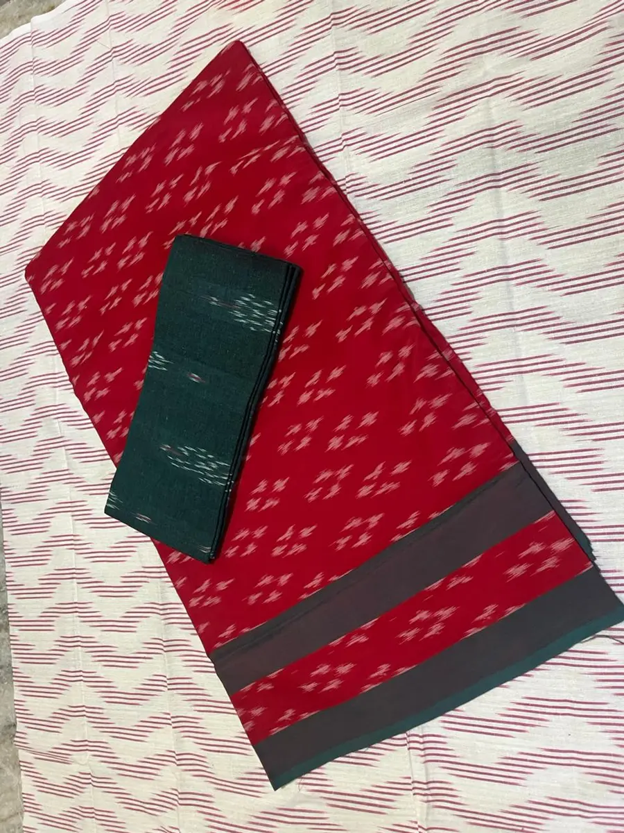 Product image: red and dark teal folded saree-like textile