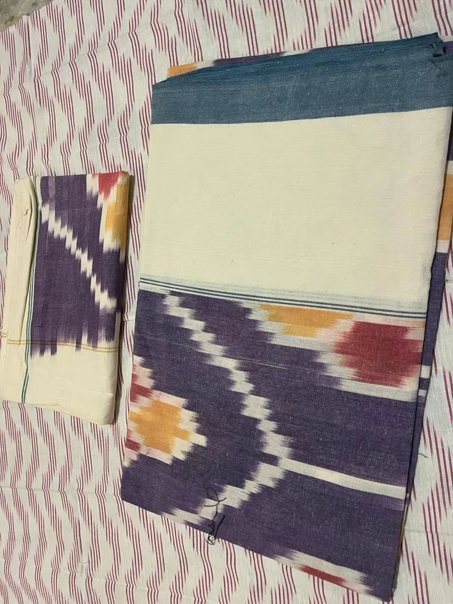 Product image: cream, blue, brown, and red saree-like textile, repeated views
