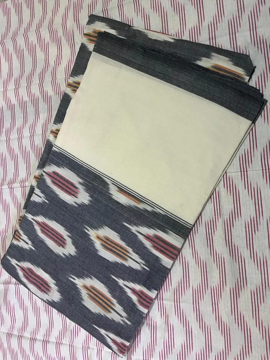 Product image: cream, blue, brown, and red saree-like textile, repeated views