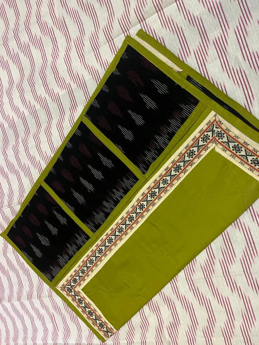 Product image: olive, black, and lime folded saree-like textile