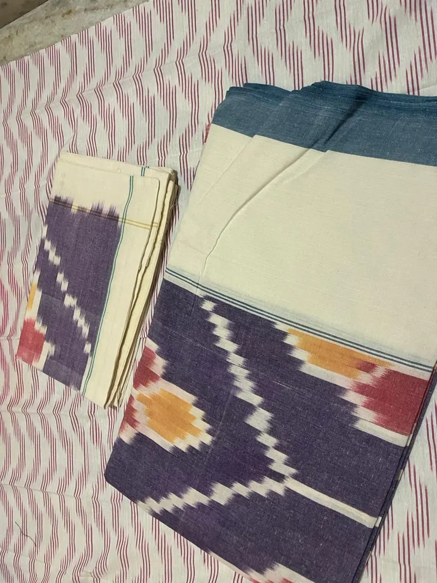 Product image: cream, blue, brown, and red saree-like textile, repeated views
