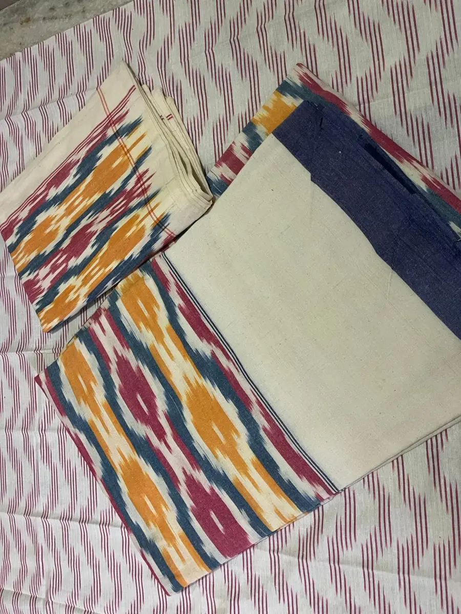 Product image: cream, blue, and multicolor folded saree-like textile