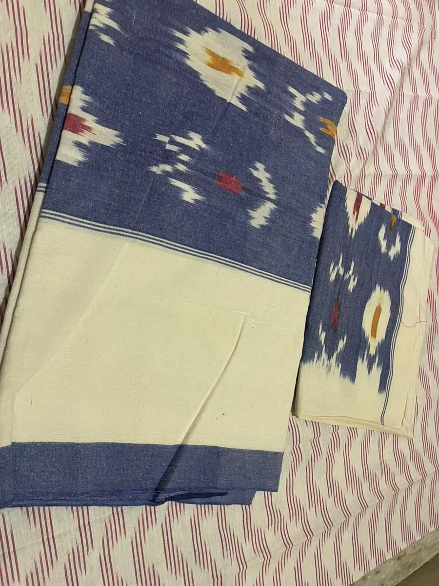 Product image: cream, navy blue, and mustard folded saree-like textile