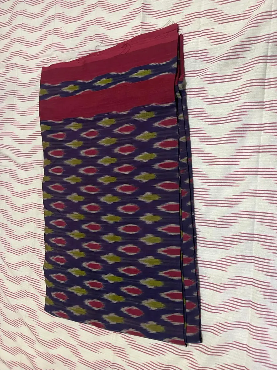 Product image: navy blue, purple, and red folded saree-like textile