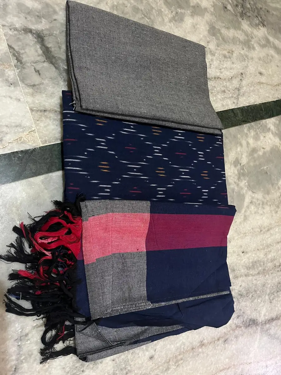 Product image: navy blue, gray, pink, and black saree-like textile, repeated views