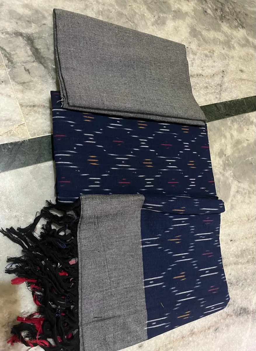 Product image: navy blue, gray, pink, and black saree-like textile, repeated views